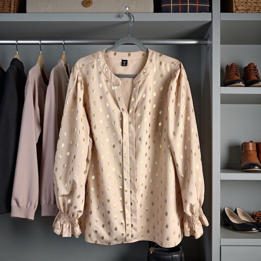 Auvina Plus Size 3XL Women's Polka Dot Blouse Pleated Ruffle Sleeve Gold Foil